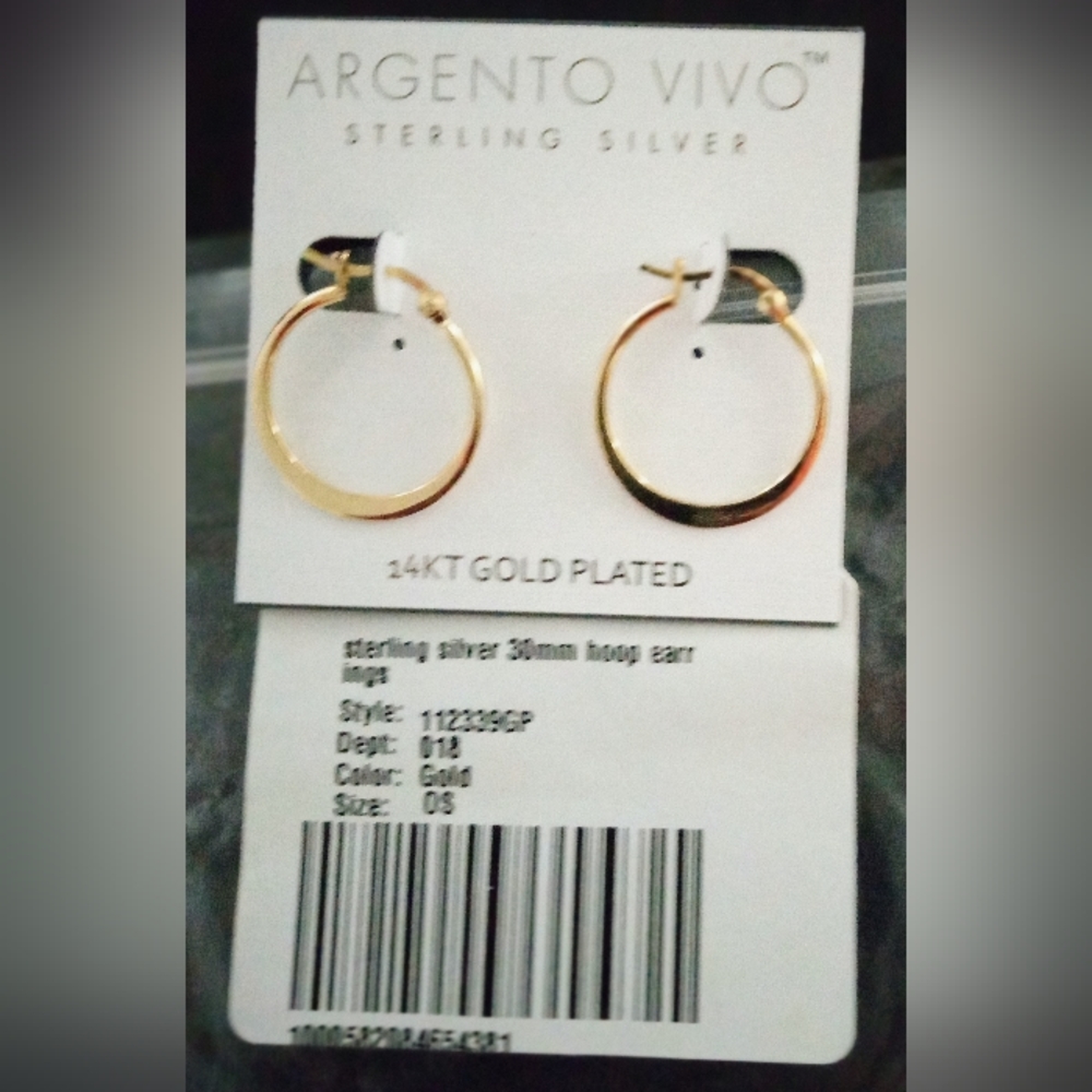 Earrings Sterling Silver 14K Gold Plated 'Argento Vivo' Hoops - Picture 4 of 10